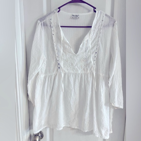 Peace Angel White Peasant Top with ties; long sleeve; sheer; Women’s Size Large - Picture 1 of 8
